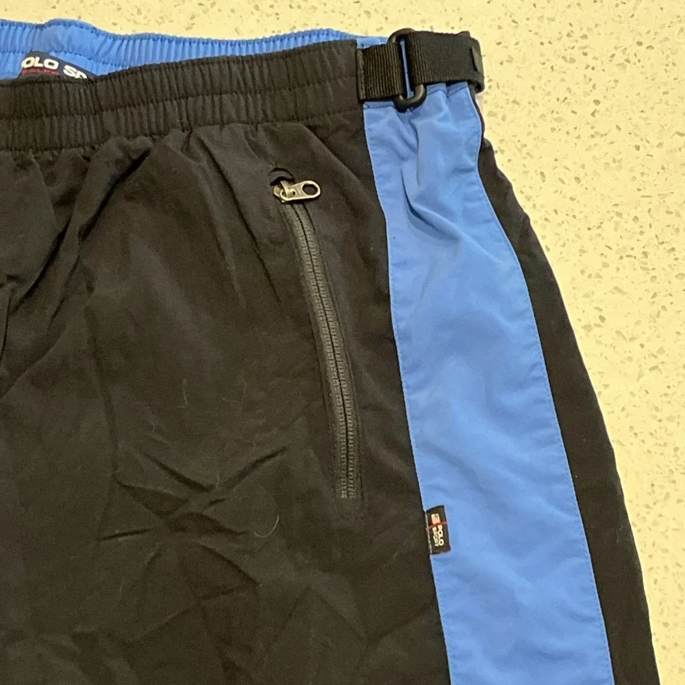 Vintage Polo Sport‎ Swim Trunks Mens XL Blue Stripe Spell Out Logo Zip Pockets